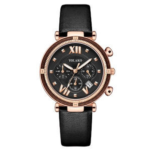 YOLAKO women's watch with rose gold case, black dial and leather strap in a centered view