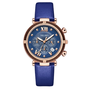 Fashion Women Quartz Watch Alloy Rose Gold Case Leather Strap Date Calendar Three Eye Roman Numeral Analog Wristwatch Elegant