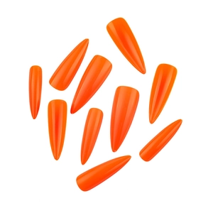 Detailed view of glossy orange stiletto false nails with size marks on white background
