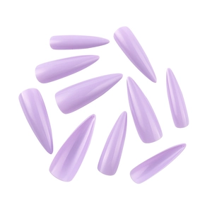 Detailed view of ten long stiletto false nail tips in a vibrant purple solid color