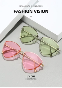 Détail de lunettes de soleil triangle sans monture avec verres roses et verts sur gris