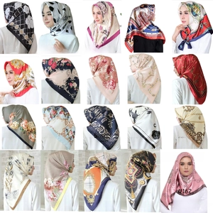 Collage of 20 satin silk headscarves with floral, leopard and geometric patterns