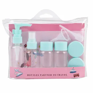 Portable 6-piece travel bottle set with blue caps in transparent zipper storage bag
