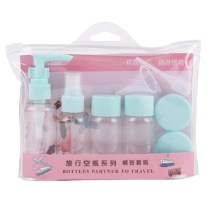 Portable 6-piece travel bottle set with blue caps in transparent zipper storage bag