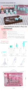 Size chart for 9-piece travel bottle set showing PET containers and dimensions