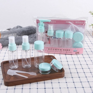 Travel set detail showing mint green spray bottles and jars in a clear zip pouch