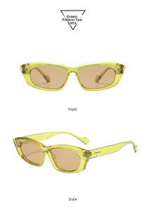 Front and side views of vintage lime green cat-eye sunglasses with brown PC lenses
