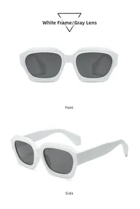 Detailed views of white geometric thick frame sunglasses with dark gray lenses