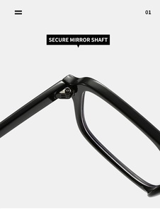 Detail view of the secure mirror shaft and hinge on black square fashion sunglasses