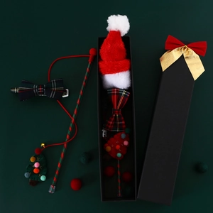 Christmas pet collar set with plaid bowtie, santa hat, and toy in premium gift box