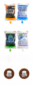 Detail of 250ml Halloween blood bags with alien and zombie designs and secure screw caps