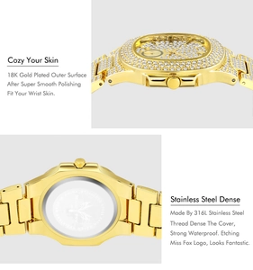 Detail view of the 18K gold plated iced-out watch with engraved stainless steel back