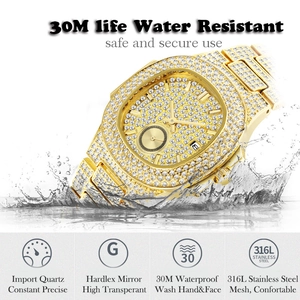 Iced out gold quartz watch showing 30M water resistance and 316L stainless steel features
