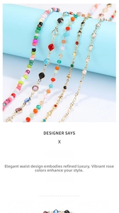 Detail of colorful beads and crystal charms on gold-plated chains for eyewear