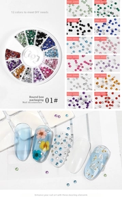 Macro detail of 2mm nail art rhinestones in a 12-color rotating storage wheel box