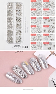 Flatback glass rhinestones for nail art in 12 sizes from SS3 to SS40 in a clear box