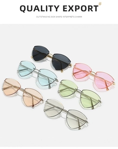 Détail de six verres polygonaux irréguliers colorés sur des lunettes de soleil en métal