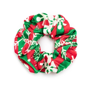 Christmas velvet hair scrunchie with red green and white snowflake festive pattern
