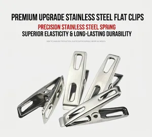 Close-up of flat stainless steel clips with solid spring mechanism for clothes hanging