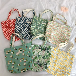 Cotton Canvas Floral Handbag Zipper Closure Portable Tote For Women Daily Use Vintage Pastoral Print Lunch Bag