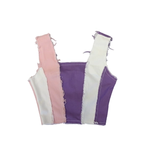 Women Patchwork Denim Vest Raw Edge Cropped Sleeveless Zipper Tank Top Streetwear Vintage
