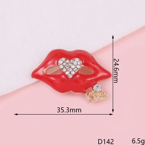 Detailed view of a crystal red lips brooch with Kiss charm and size measurements