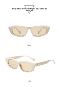 Detail view of beige cat-eye sunglasses with tea lenses and metal accents on the frame