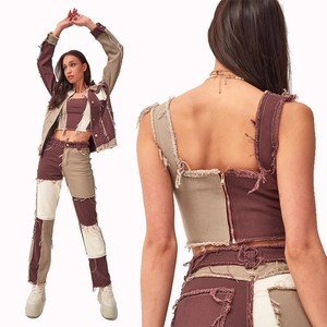 Three-piece denim patchwork set with vest and pants in brown, khaki, and beige