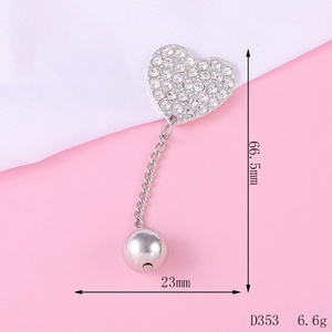 Silver bear love heart rhinestone brooch pin with chain detail measurements 66.5mm