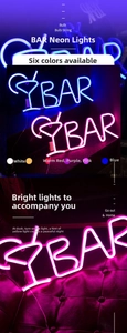 Detail showing BAR neon sign with cocktail glass shape in six vibrant LED light colors