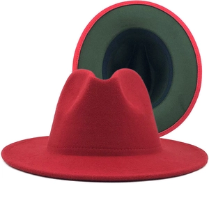Classic red wool fedora hat with contrast dark green brim lining in elegant jazz style