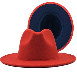 Two-tone wool felt fedora hat in red and navy blue with a classic jazz style design