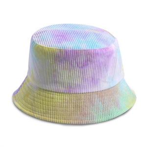 Close-up of tie-dye corduroy bucket hat showing soft macaron colors and ribbed texture