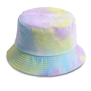 Detailed close-up of the tie-dye corduroy bucket hat texture and vibrant gradient colors