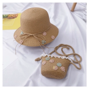 Kids handmade straw sun hat and matching floral bag set for girls in khaki finish