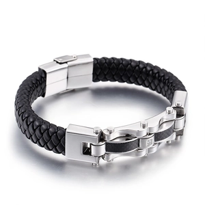 Men's woven black leather bracelet with stainless steel carbon fiber magnetic clasp