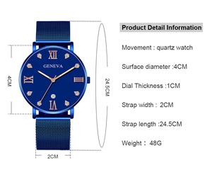 Détails de la montre à quartz bleue avec chiffres romains et bracelet en acier