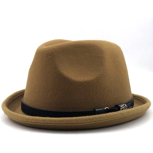Classic camel wool fedora hat with black leather belt and silver flower buckle