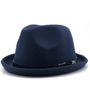 Dark blue wool fedora hat with black leather strap and silver skull metal detail