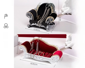 Miniature velvet sofa jewelry display stands with gold embossed trim for rings and earrings