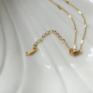 Detailed close-up of 18K gold plated lobster clasp and engraved logo tag on the necklace