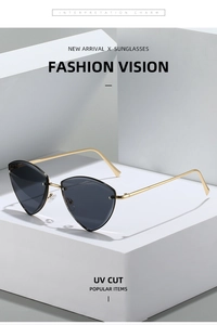 Détail de lunettes de soleil triangulaires en métal avec protection UV sur support