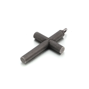 Men's gunmetal stainless steel cross pendant with diamond knurling texture on white base