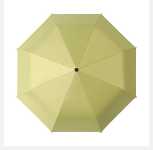 Top view of an open lime green sun umbrella with an octagonal 8-rib structure design