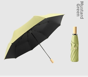 Mustard green folding umbrella with black UV coating and a premium wooden handle