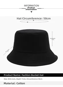 Detailed size chart for black cotton bucket hat showing 6cm brim and 11cm depth