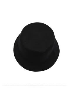 Top down view of black cotton bucket hat showing the round crown and brim structure