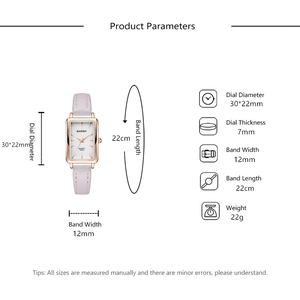 Detailed size parameters of rectangular rose gold watch with dimensions and light gray strap