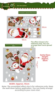 Size specifications for Santa and snowman wall stickers measuring 60x90cm for Christmas decor