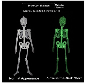 Glow in the dark Halloween skeleton pendant shown in daylight and night vision comparison